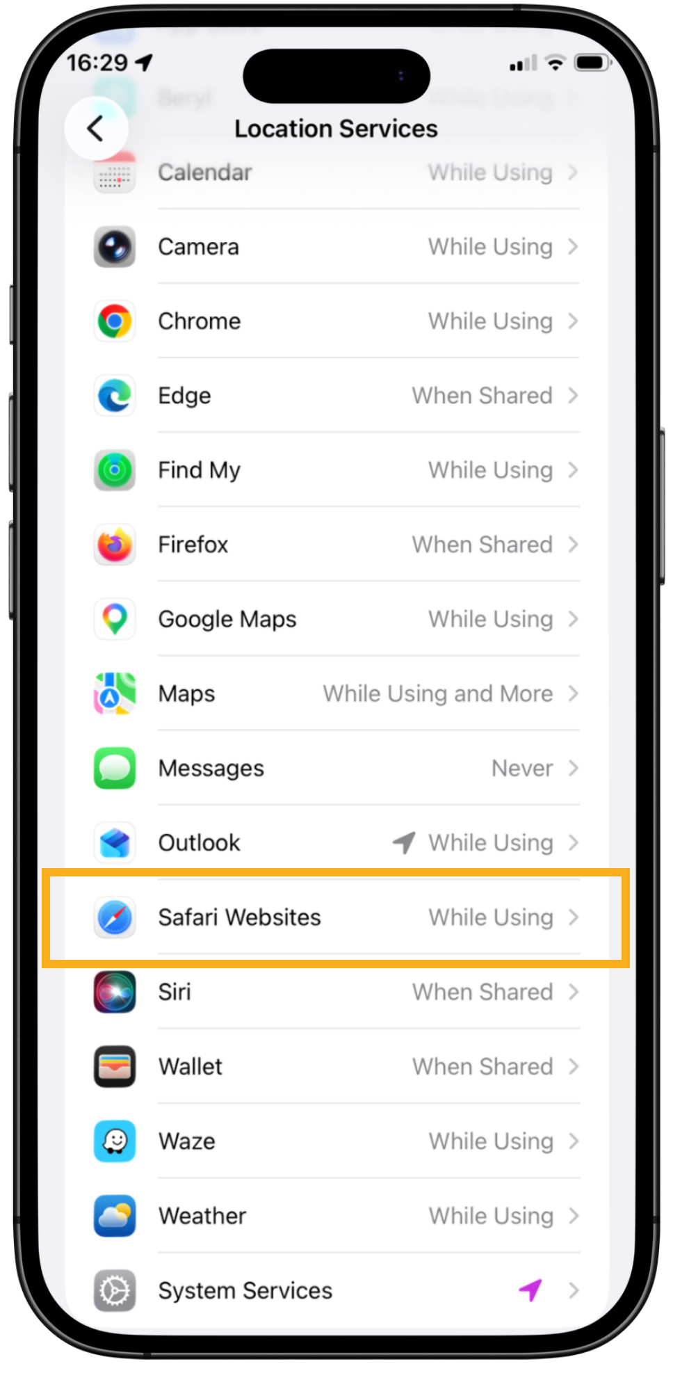 iPhone Location Services settings for Safari Websites with While Using the App selected and Precise Location switched on.