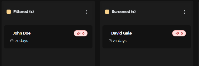 Score tags on application cards in the Kanban pipeline