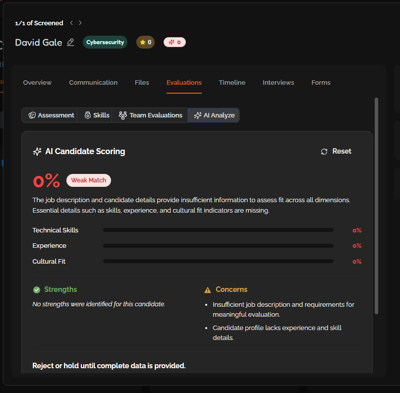 AI Analyze panel with the Reset button
