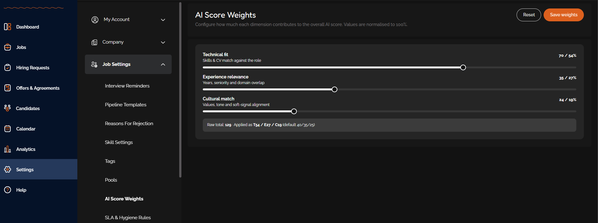 AI Score Weights settings with a slider for each dimension
