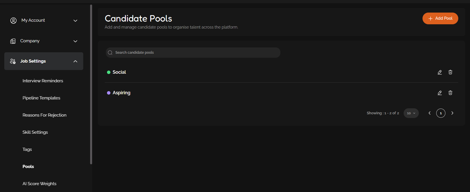 The Candidate Pools page in Settings