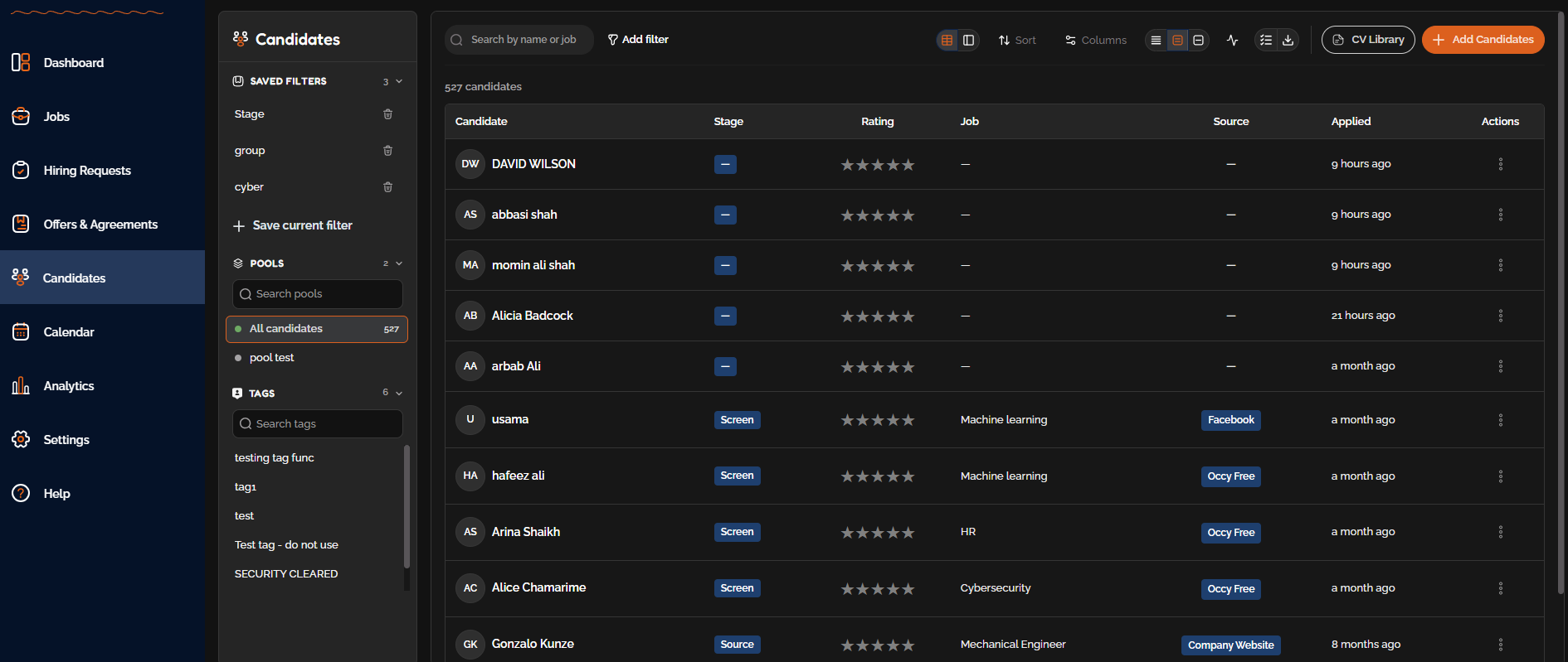 The new Candidates listing with Saved Filters, Pools and Tags in the sidebar