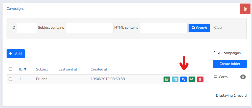 Selecionando uma campanha de newsletter para ver os detalhes no Mailrelay