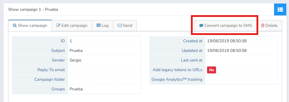 Botão Converter newsletter para SMS localizado no canto superior direito da tela