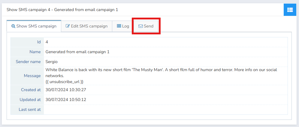 Botão Atualizar campanha de SMS na parte inferior da janela do editor