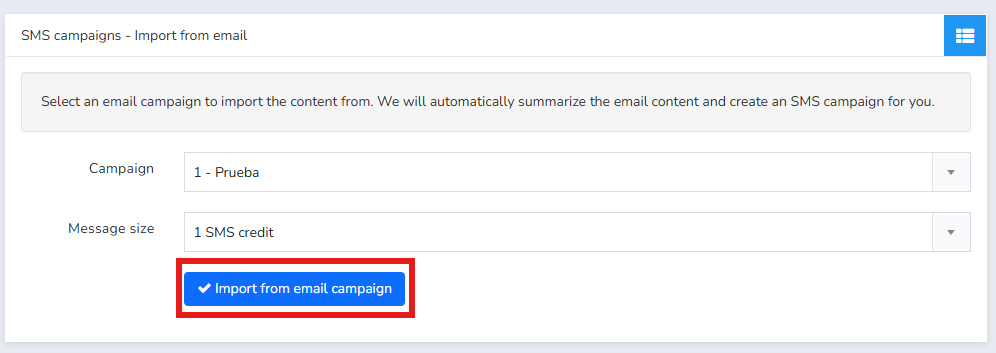 Botão azul Importar para iniciar a conversão de newsletter em SMS