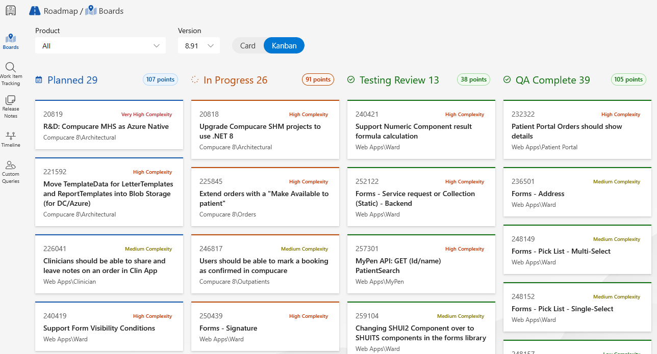 A screenshot of the Boards screen with the Kanban option selected.