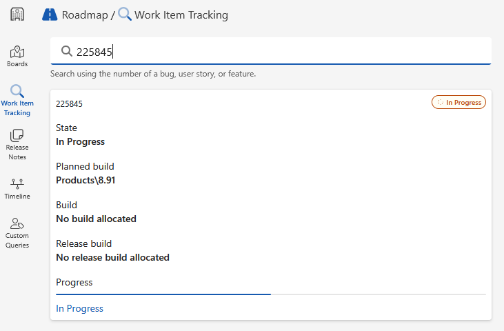 A screenshot of the Work Item Tracking screen with an in progress work item selected.