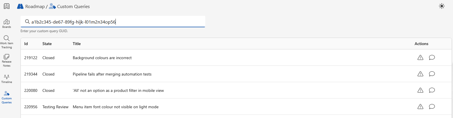 A screenshot of the Custom Queries screen showing an example GUID and some results.