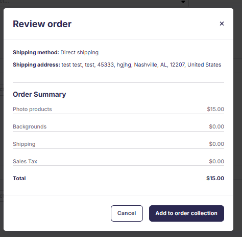 A modal window titled "Review order" showing shipping method and address details, along with an order summary for various charges and a total.