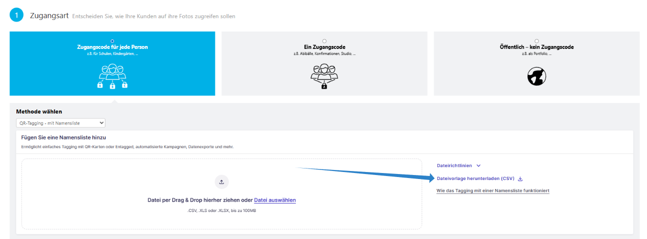 Der hervorgehobene Bereich auf der Einstellungsseite des Foto-Auftrags zeigt die Auswahl der Methode 'QR-Tagging - mit Namensliste' und den Link zum Herunterladen der Dateivorlage.