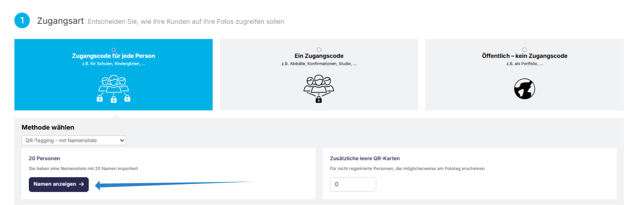 Auf der Auftragseinstellungsseite ist der Button 'Namen anzeigen' in der Sektion der importierten Namensliste hervorgehoben.