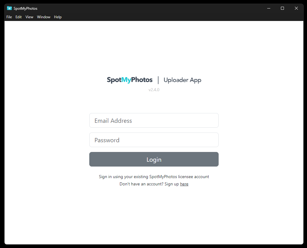 SpotMyPhotos Login screen