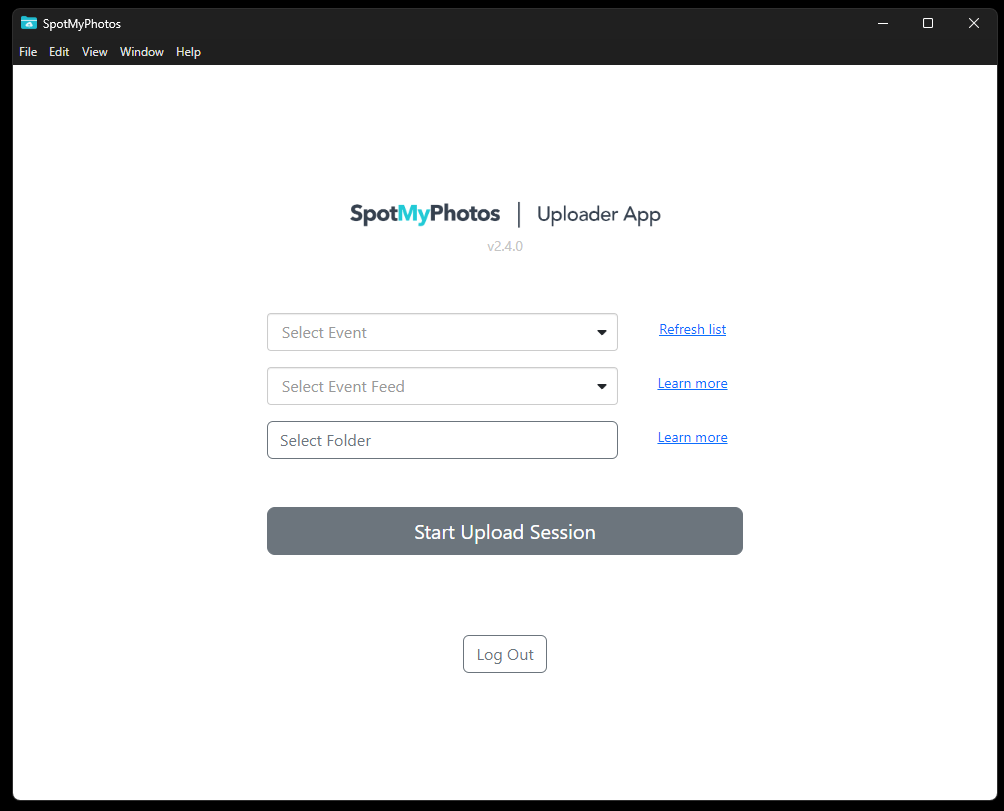 SpotMyPhotos Event selection screen