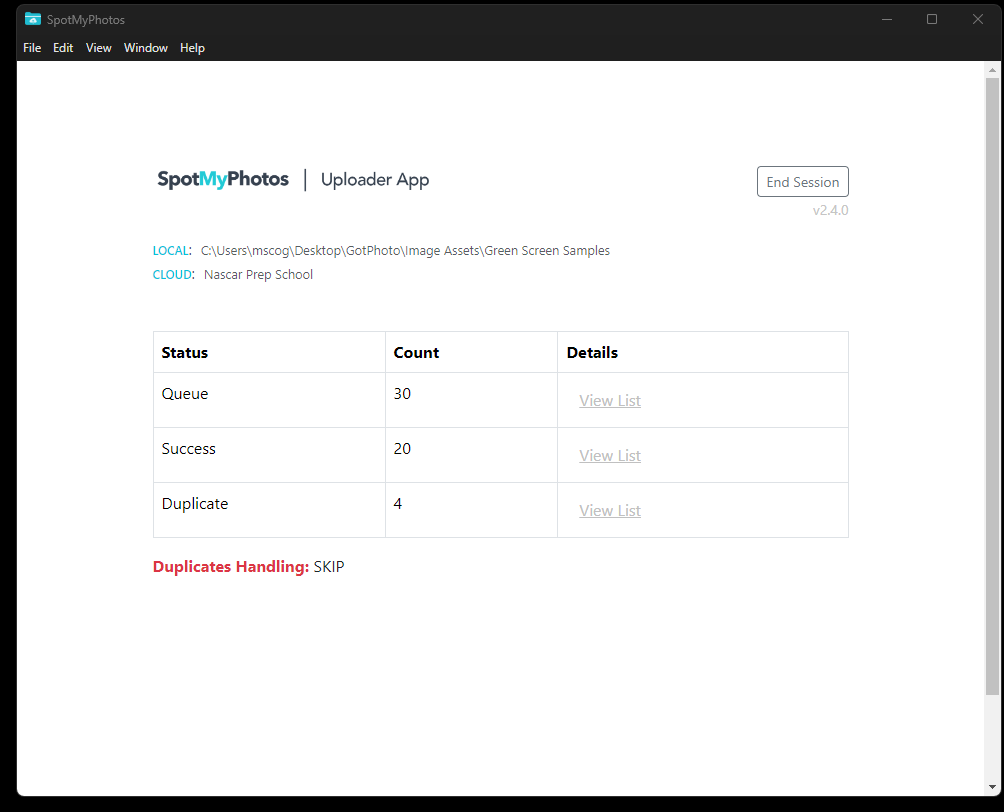 Upload Summary in SpotMyPhotos Uploader App