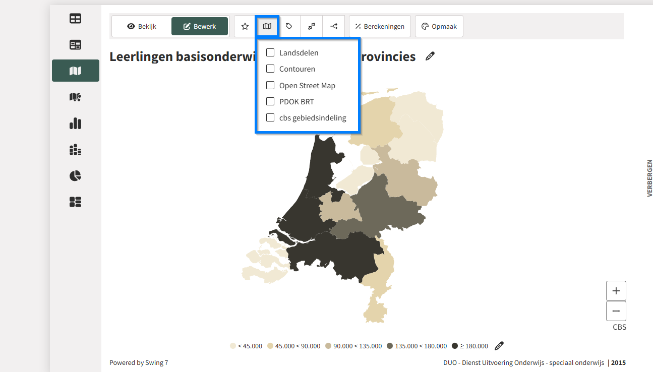 De diversie kaartlaagopties.