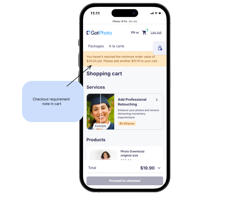  Phone screen showing a shopping cart with a "Checkout requirement note" indicating an unmet minimum order value.