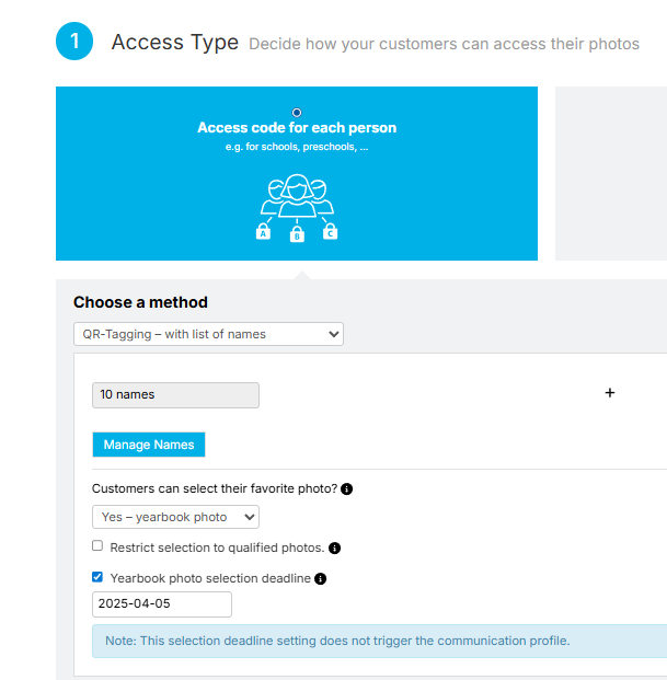 A screenshot of job access type settings with the option 'Customers can select their favorite photo?' highlighted and set to Yes - Yearbook photo.