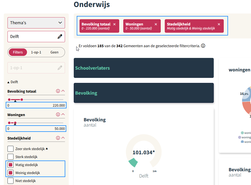 Afbeelding hoe de filterwaarden worden weergegeven