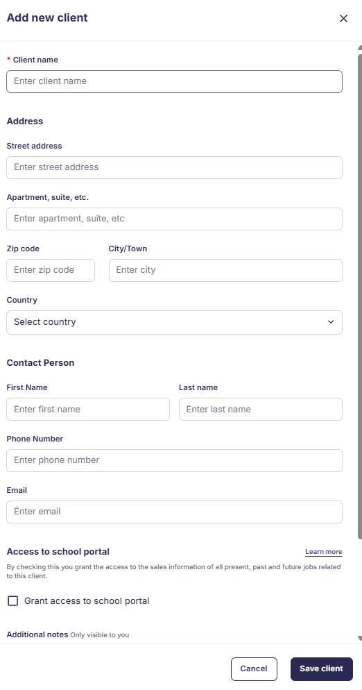 Form to add a new client with fields for name, address, contact info, portal access, and save/cancel buttons.