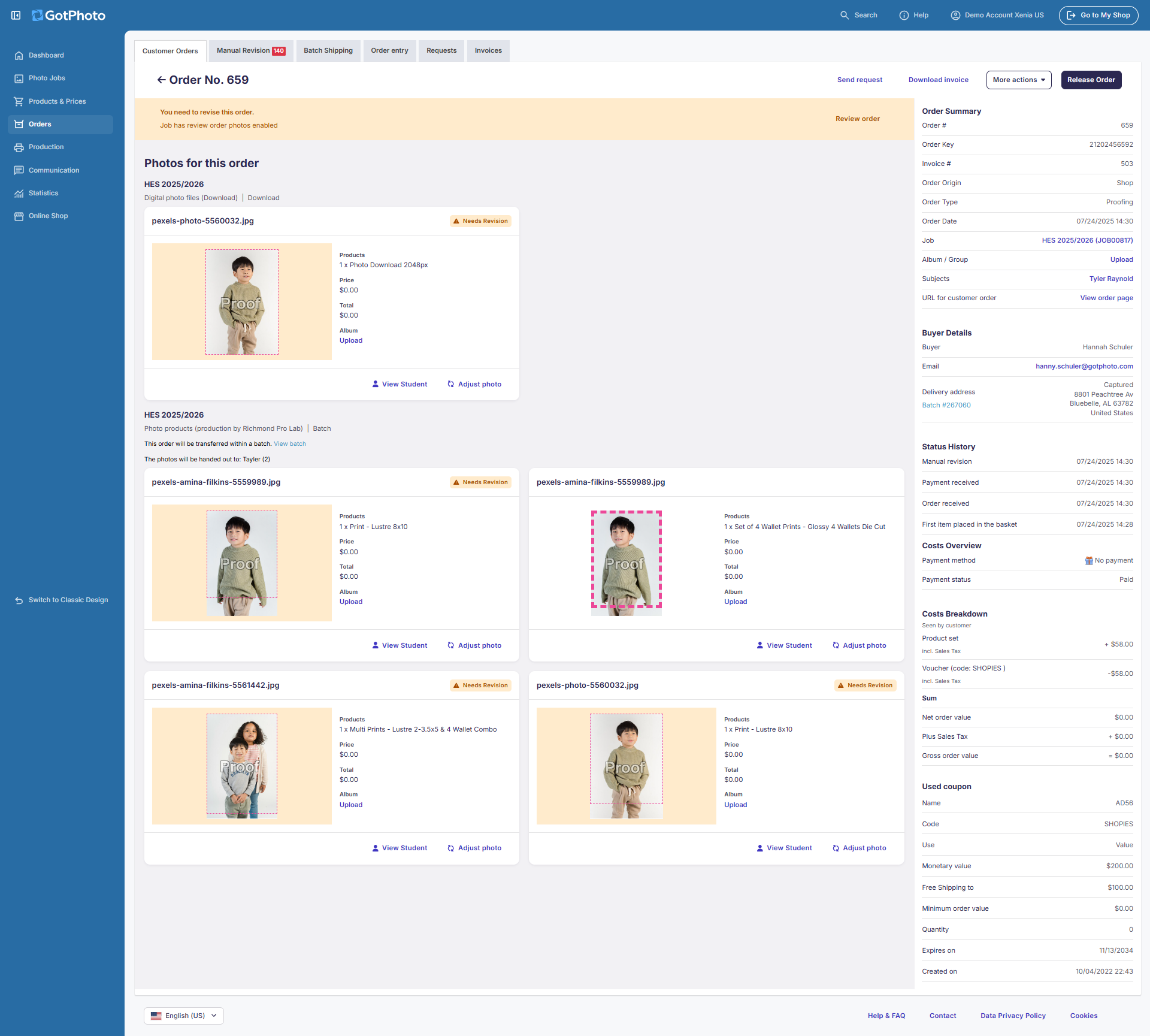 The new GotPhoto order page interface shows order details and options.