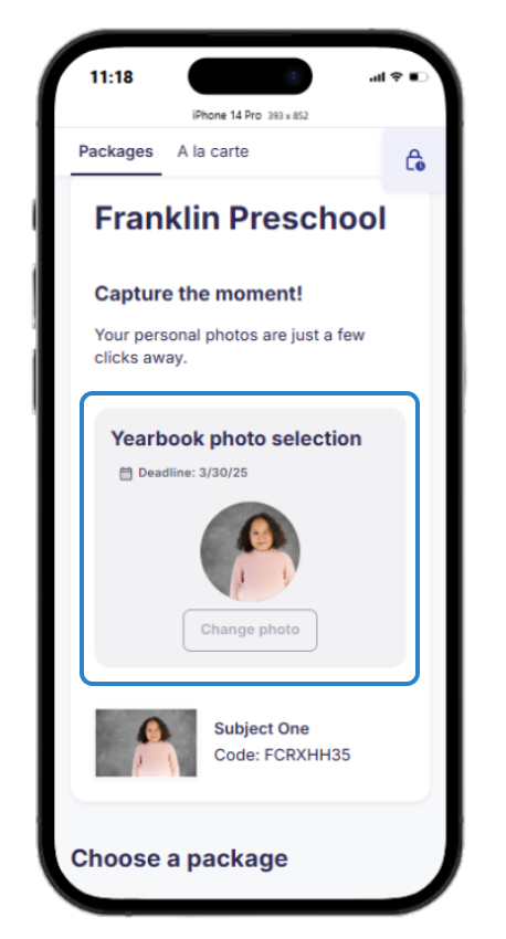 Yearbook photo section with child's portrait,  highlighted by a blue box