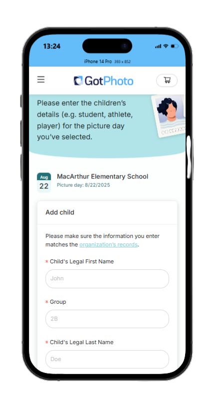 A smartphone displaying the mobile shop view for entering child details for a school picture day.