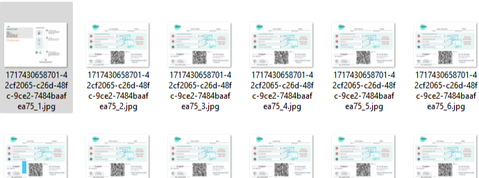 Folder view showing multiple JPG files generated from a QR card PDF, each with a similar preview.