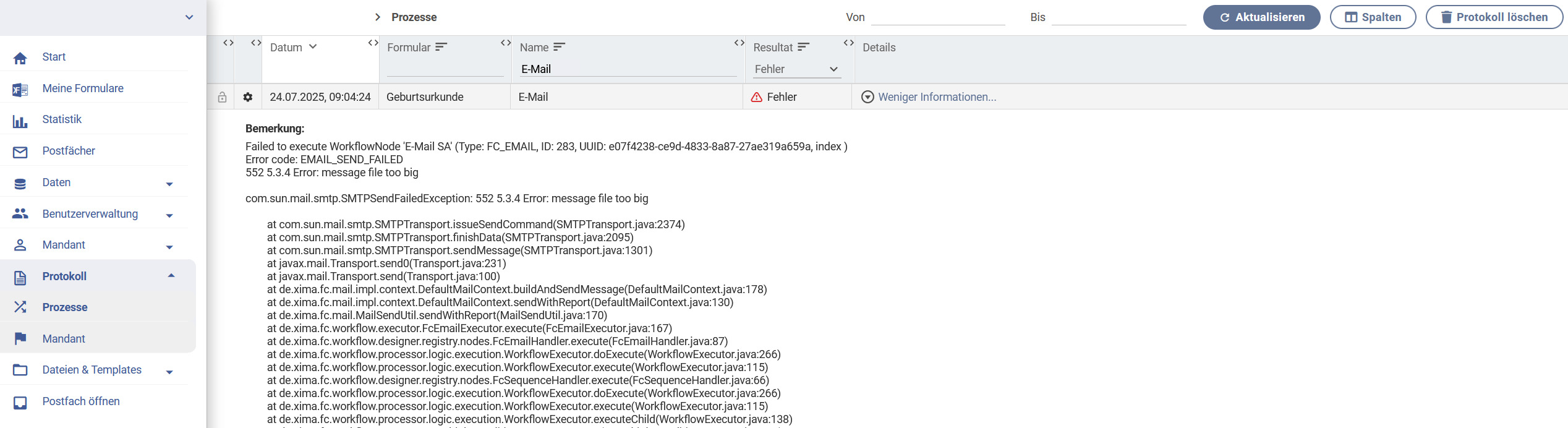 Error while sending a large mail