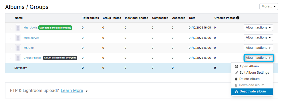 GotPhoto album actions menu with 'Deactivate album' highlighted.