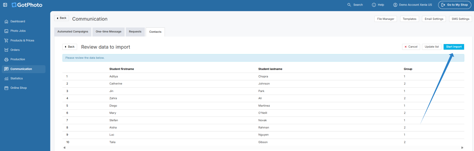 Screenshot showing the import progress screen with a student data preview