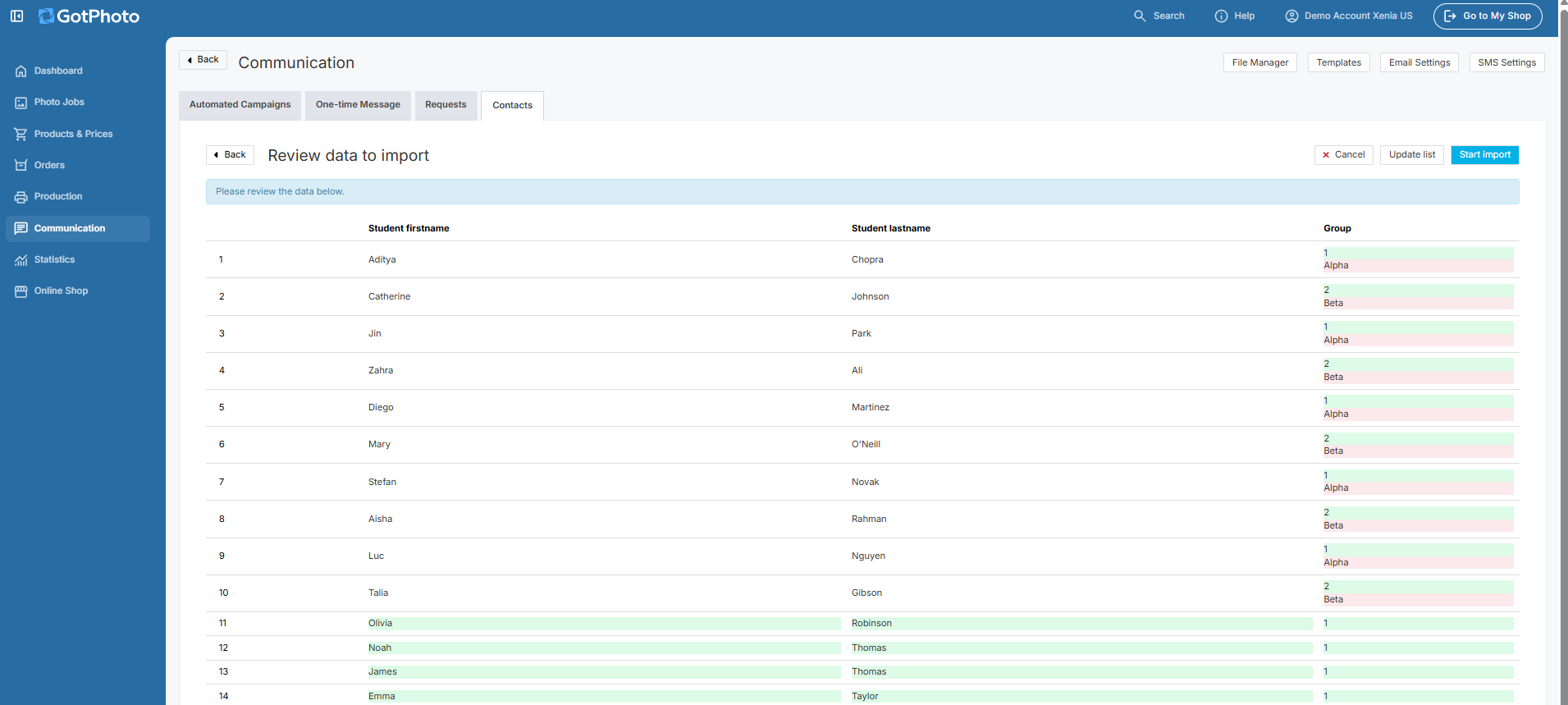 Screenshot showing a data import preview with new data in green and updated data in red