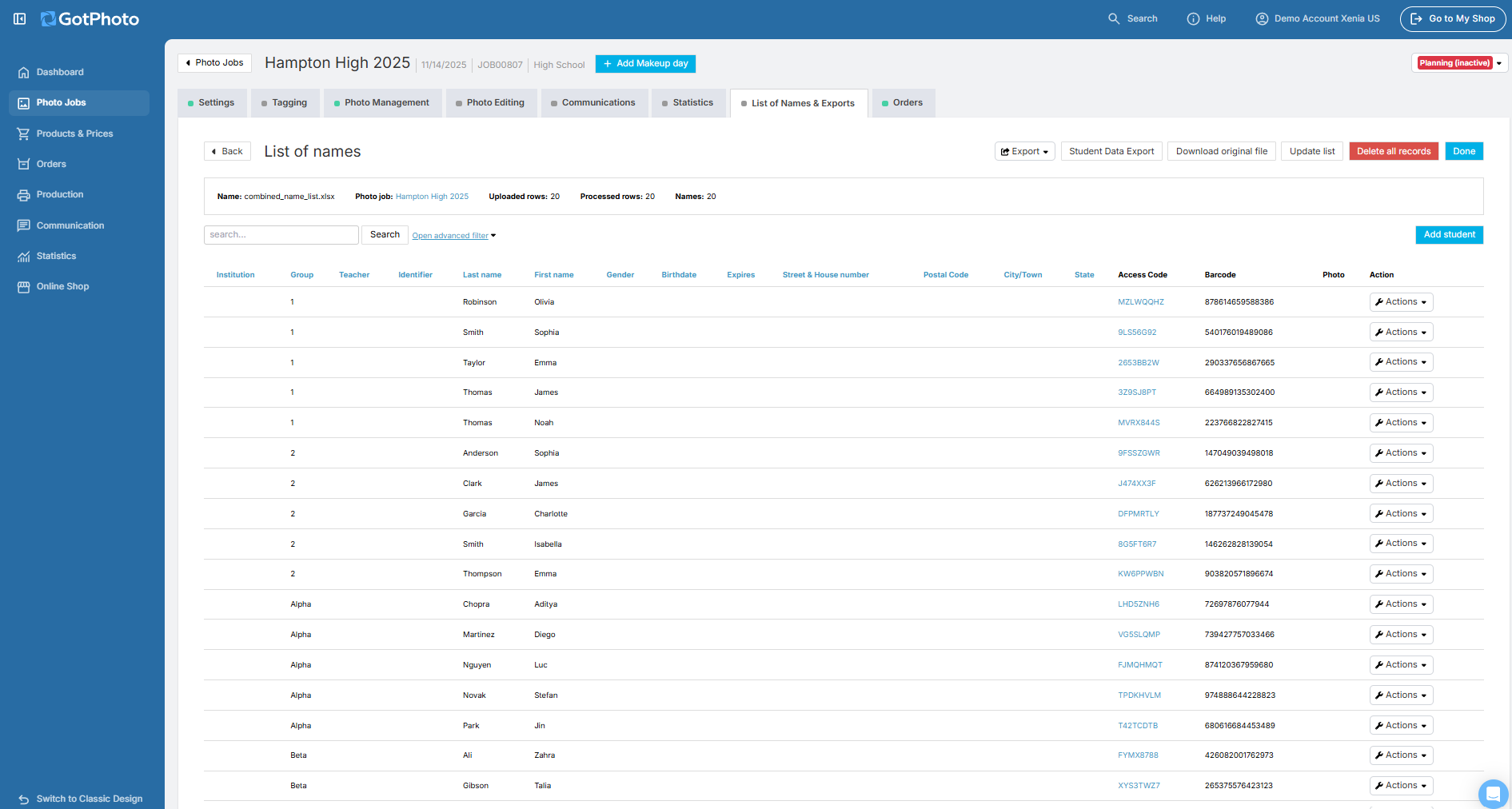 Screenshot confirming names list successfully updated