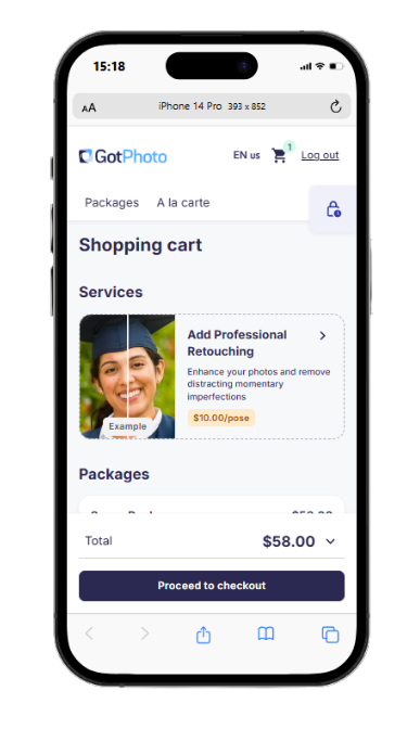 customer cart showing professional retouching offer