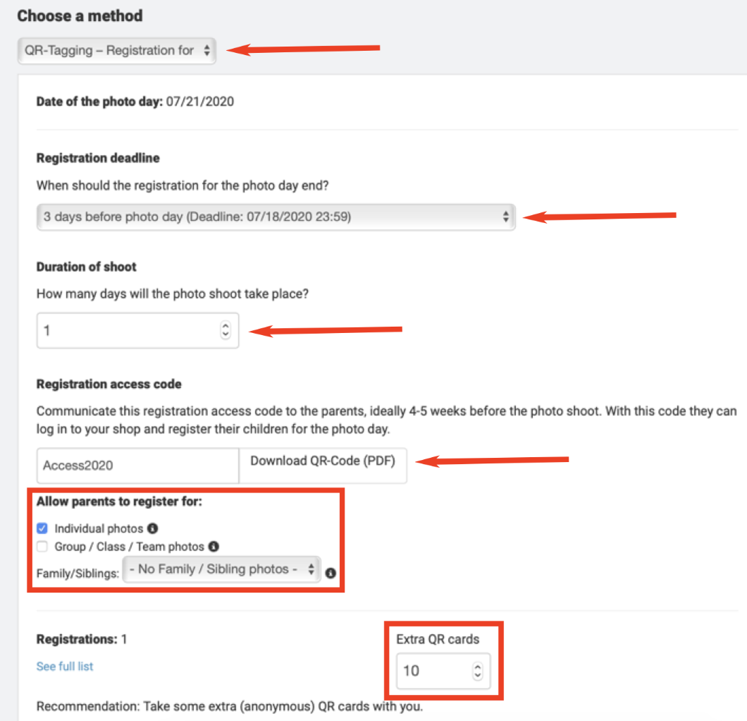 QR tagging registration options highlighted