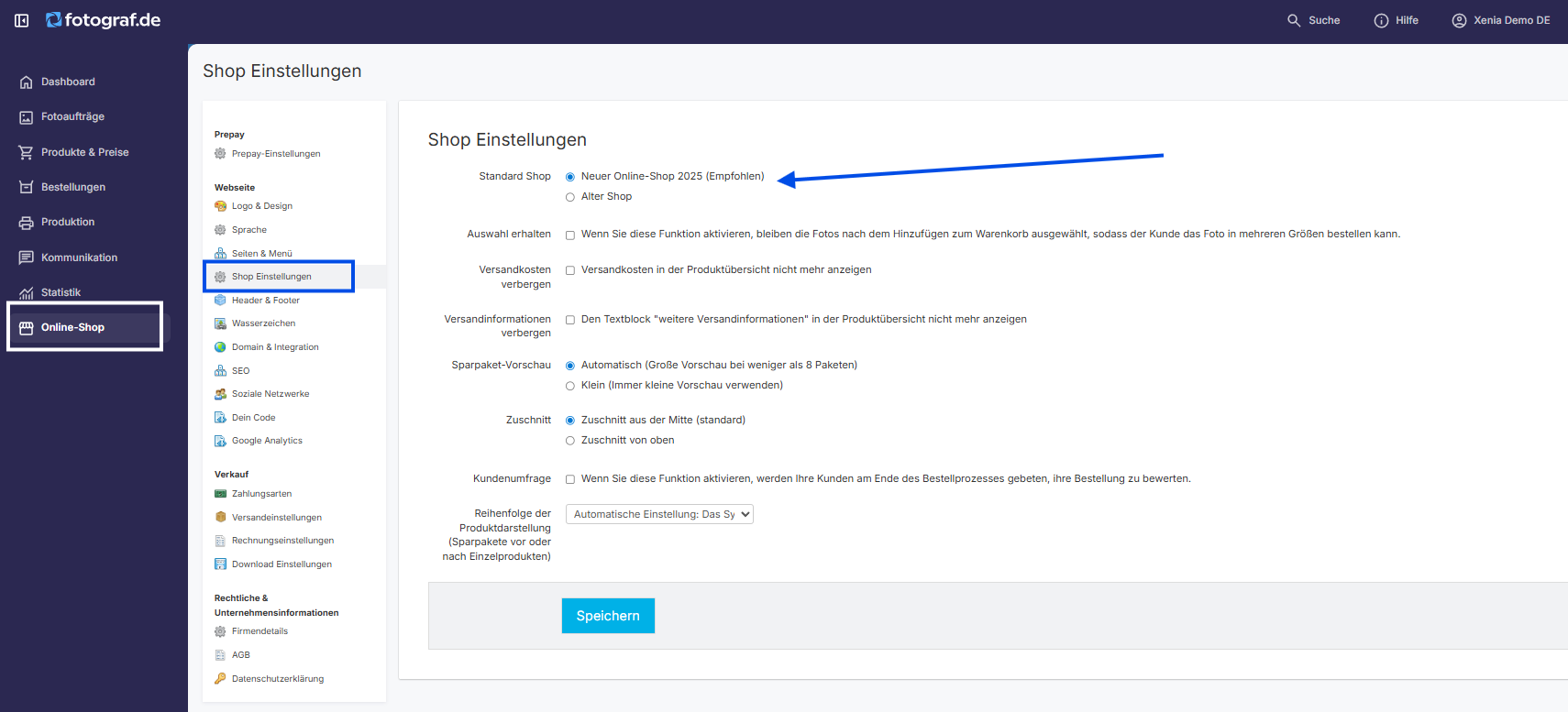 Ansicht der Seite Shop Einstellungen im Adminbereich