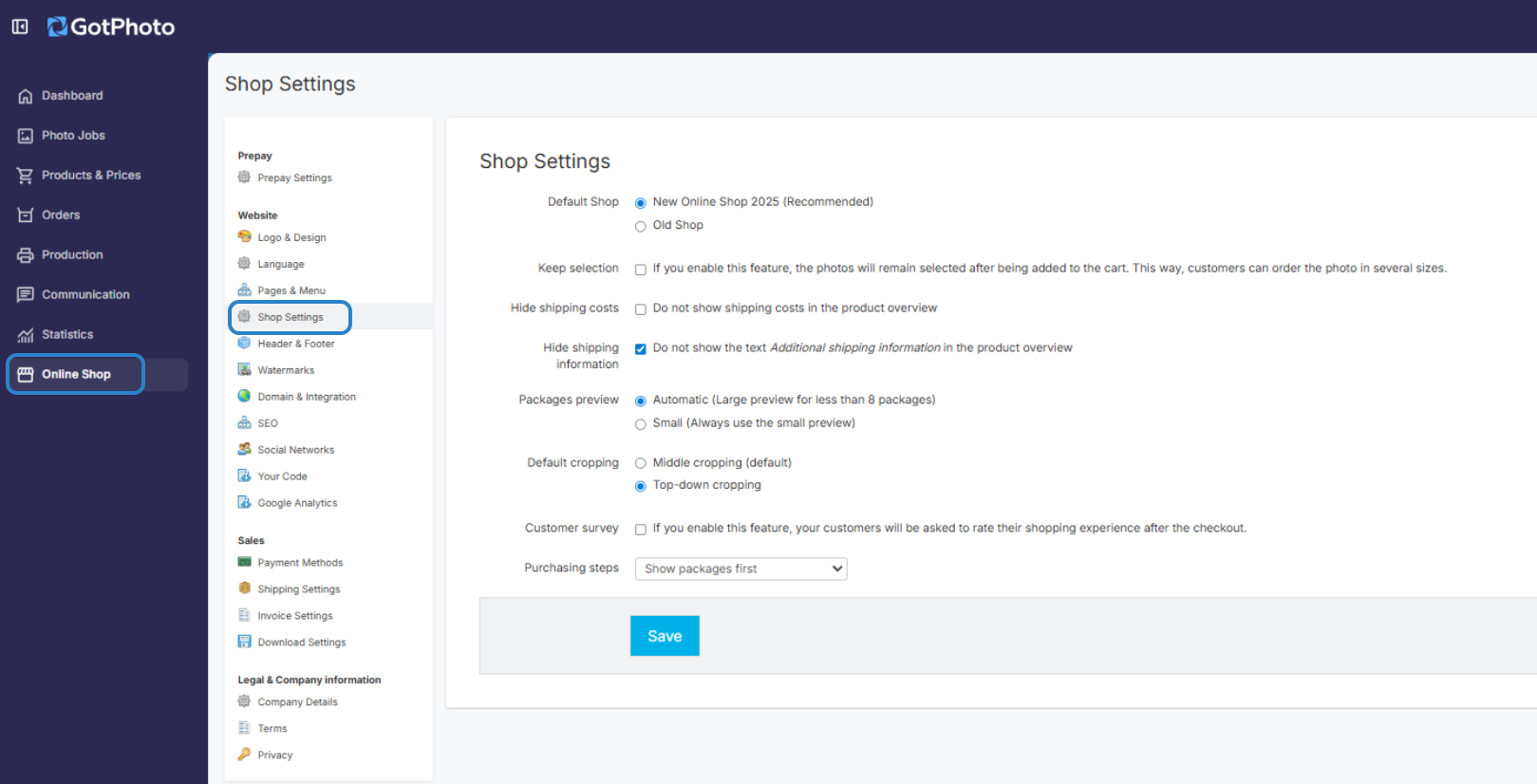 Screenshot of the Shop Settings page