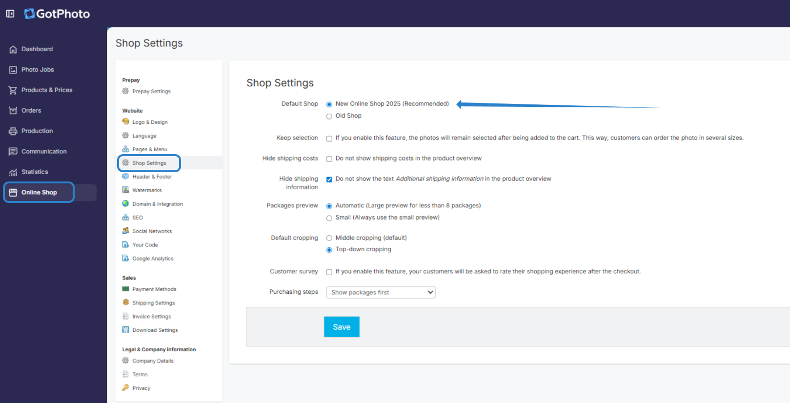 GotPhoto shop settings page