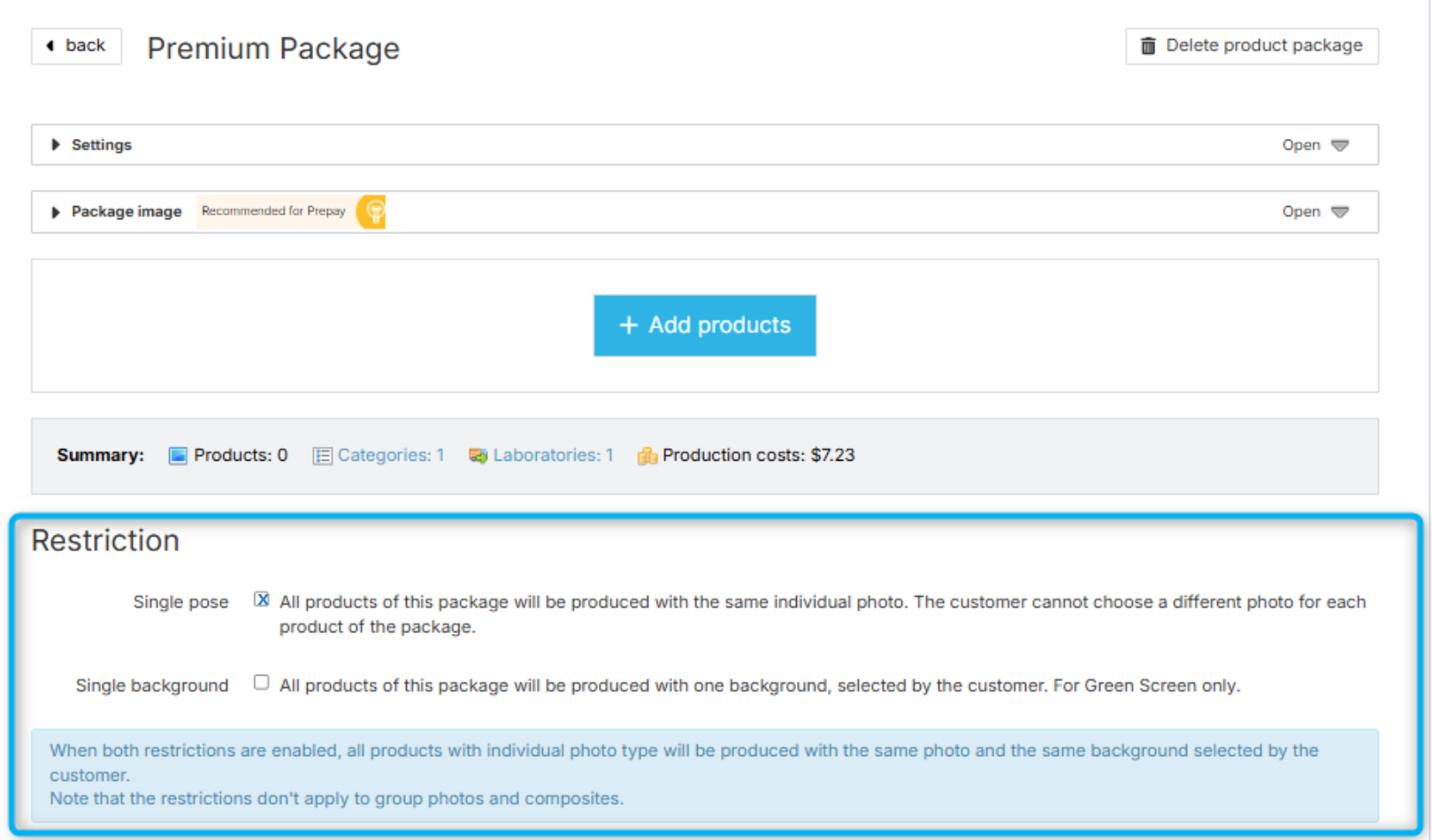 Restriction settings highlighted to note they do not apply in Prepay