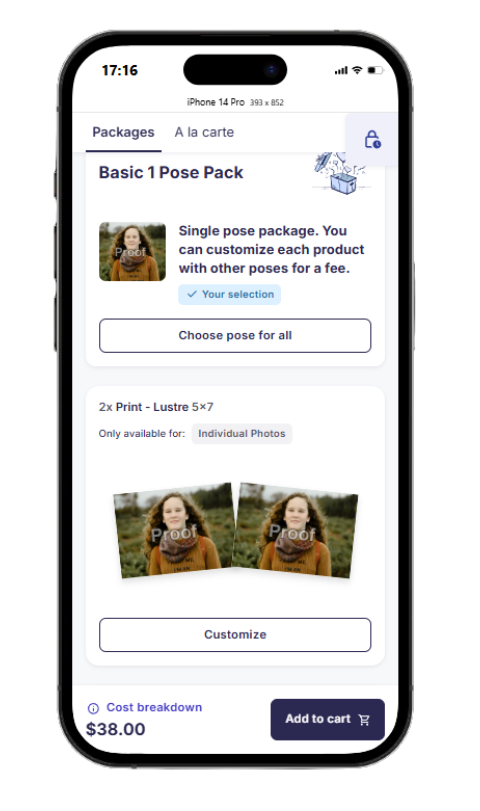 Gallery view showing selectable additional poses with updated pricing