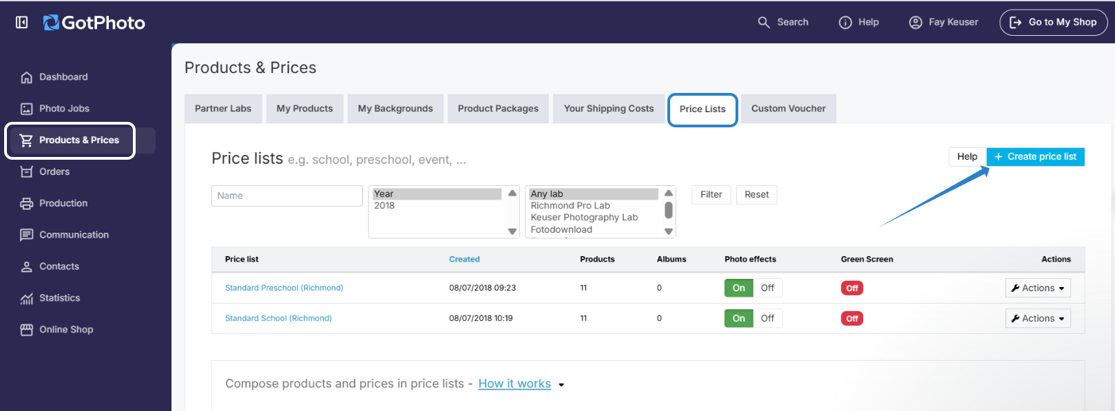 Price lists page with the Create price profile button
