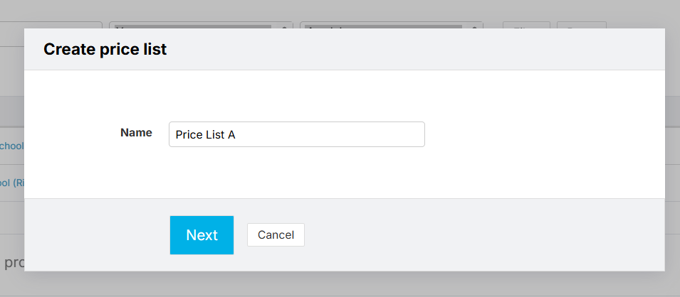 Dialog to name the new price list and proceed