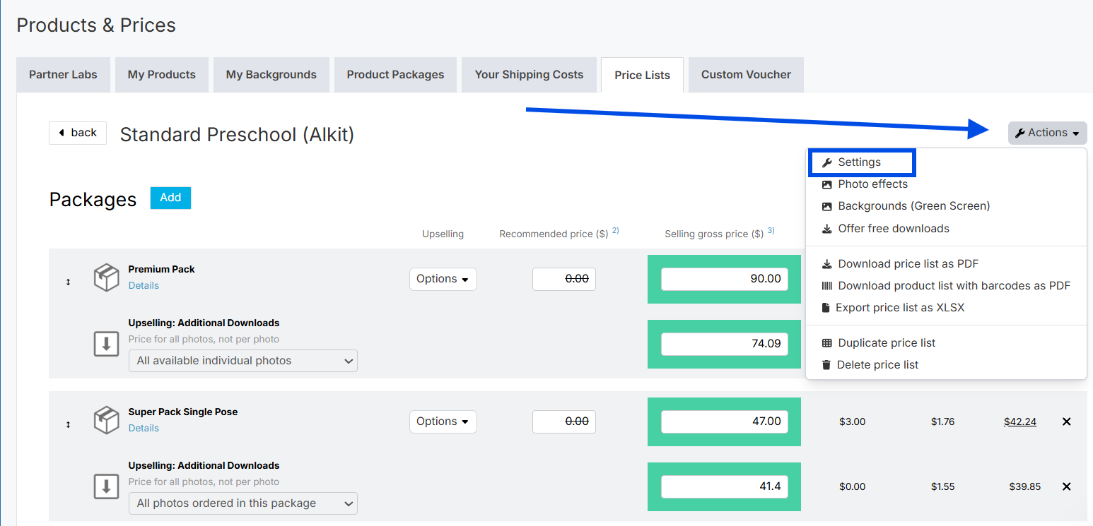Price list settings entry point from Actions menu