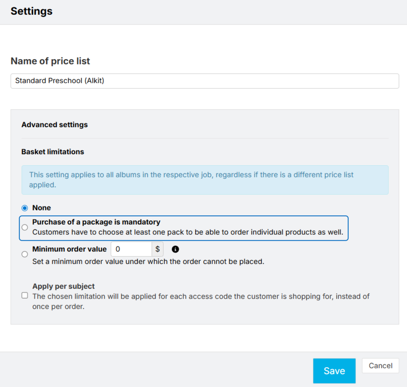 Setting to require the purchase of a package