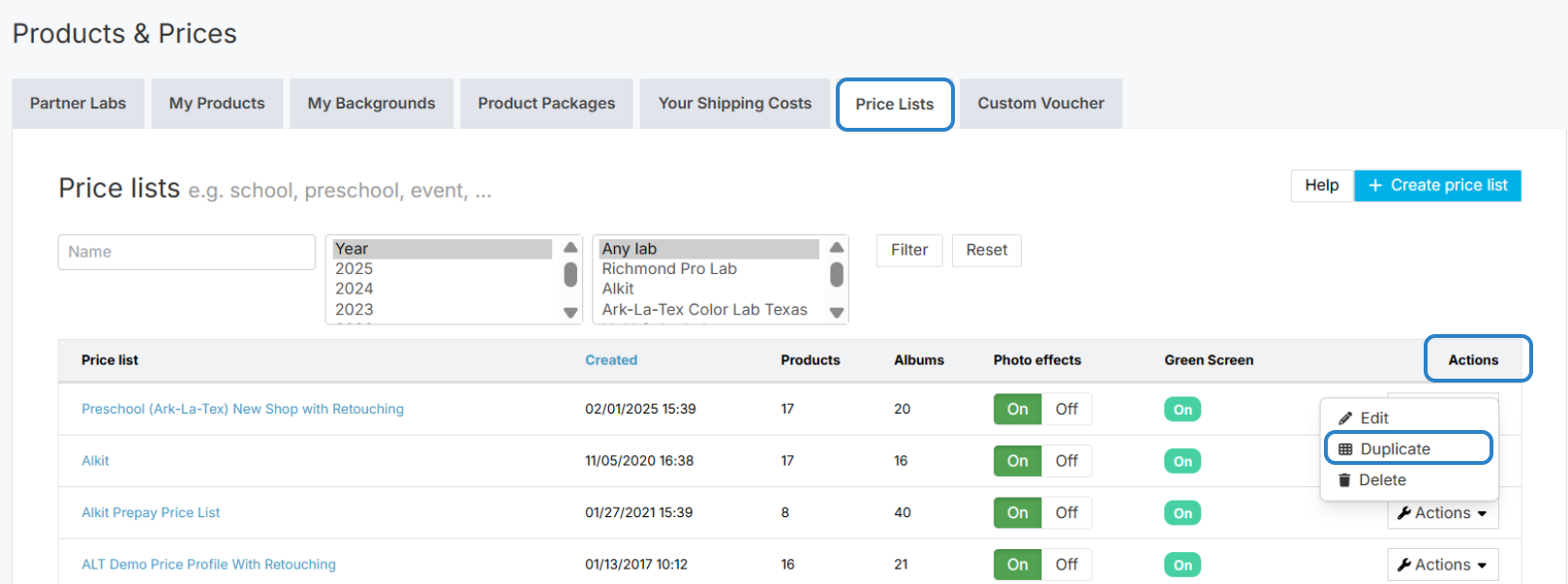 Actions menu showing Duplicate option for a price list