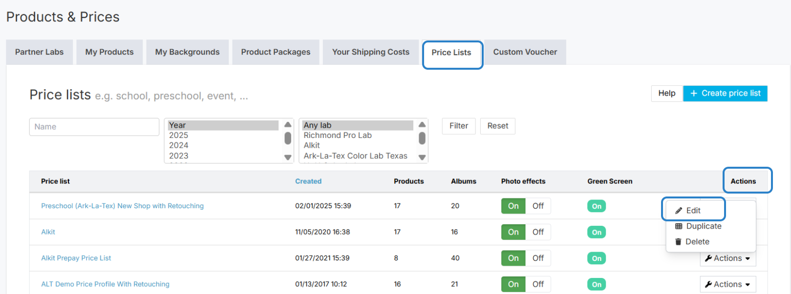 Open the duplicated price list for editing