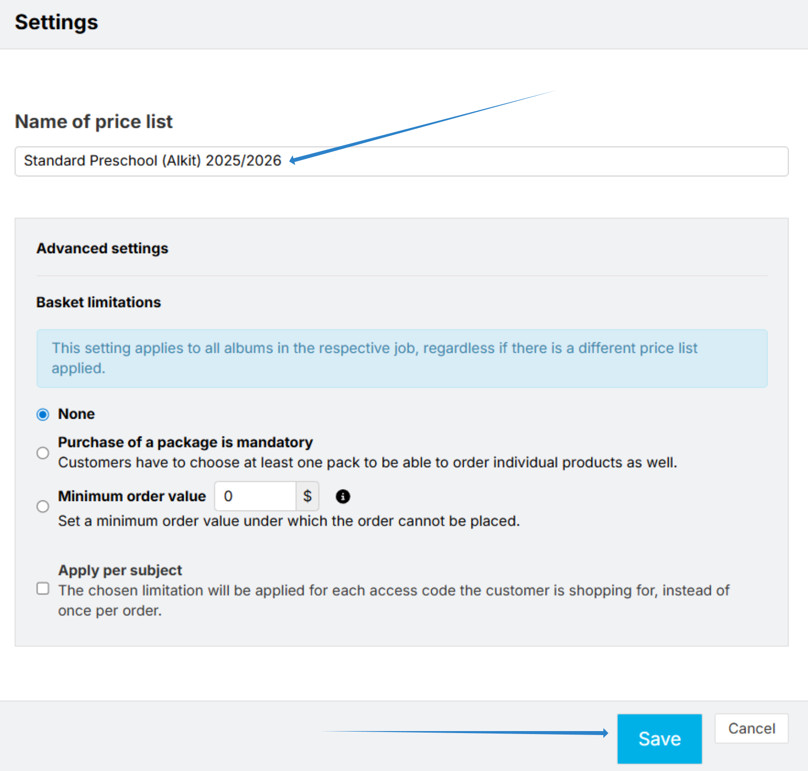 Rename and save the duplicated price list