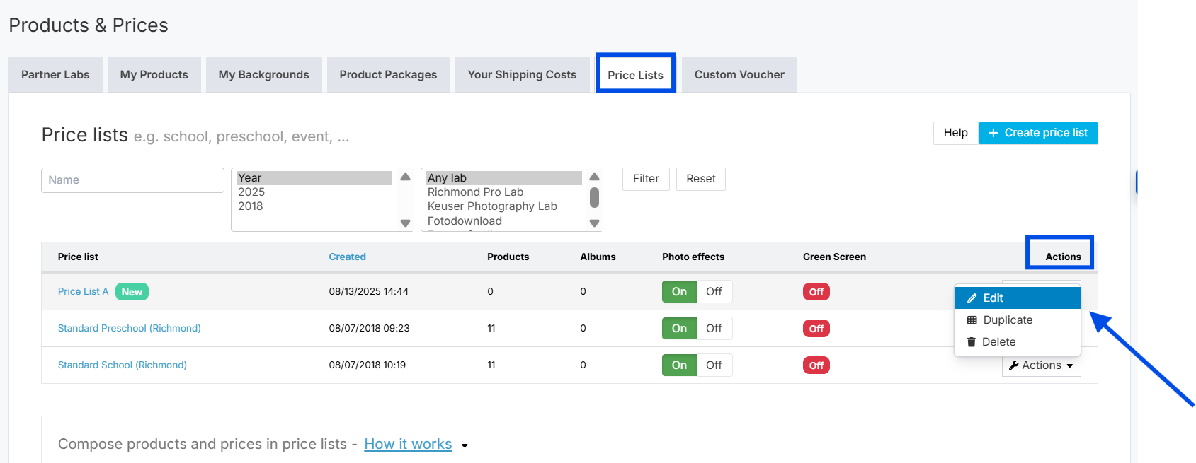 Price list edit view in GotPhoto