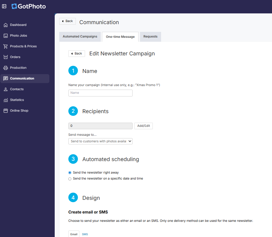 Screenshot of the One-Time Message settings with Name, Recipients, Sending time, and Design options.