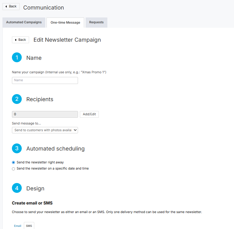 One-Time Message settings page